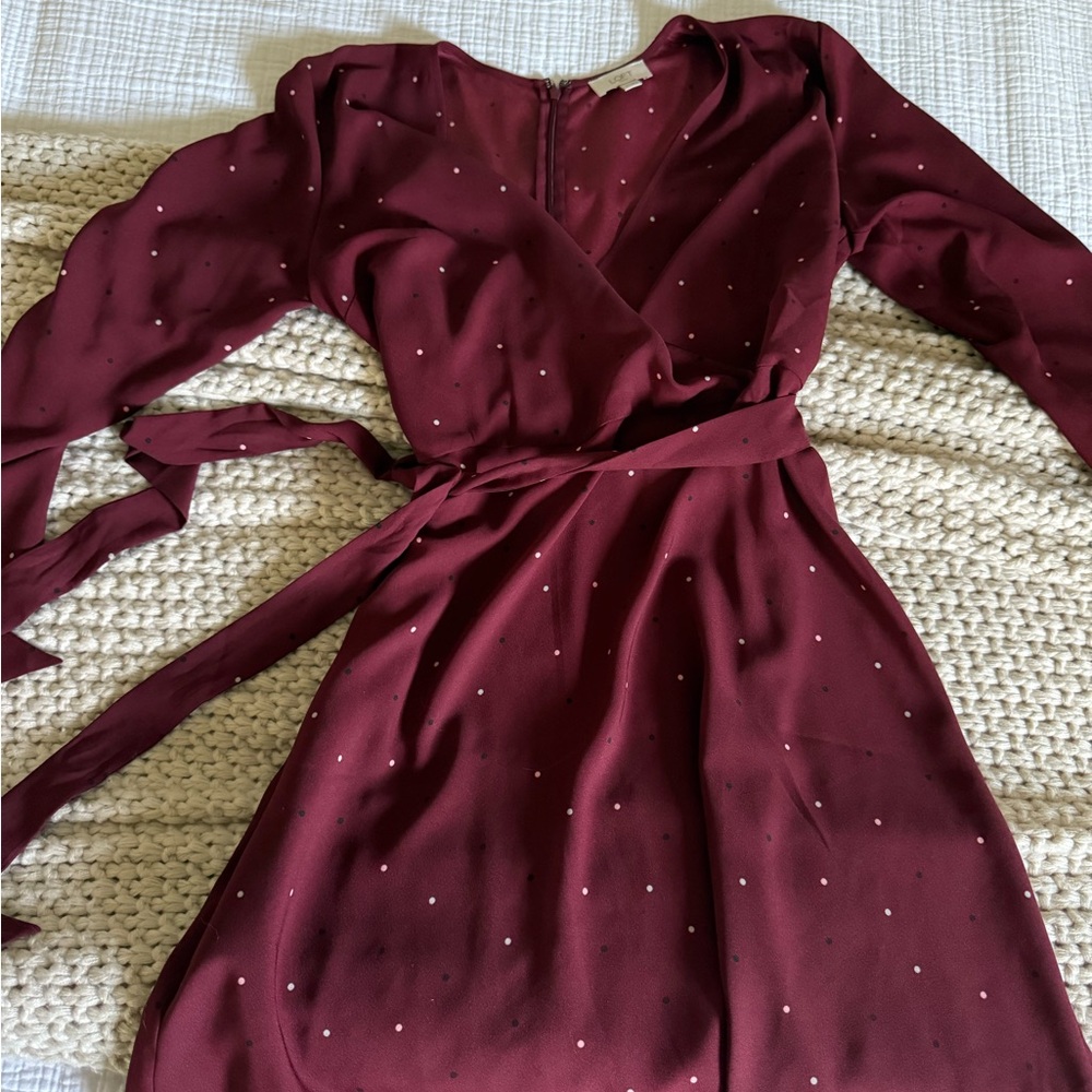 LOFT size 8 Red Wrap Tie Front Sundress Long Sleeve - Picture 4 of 6